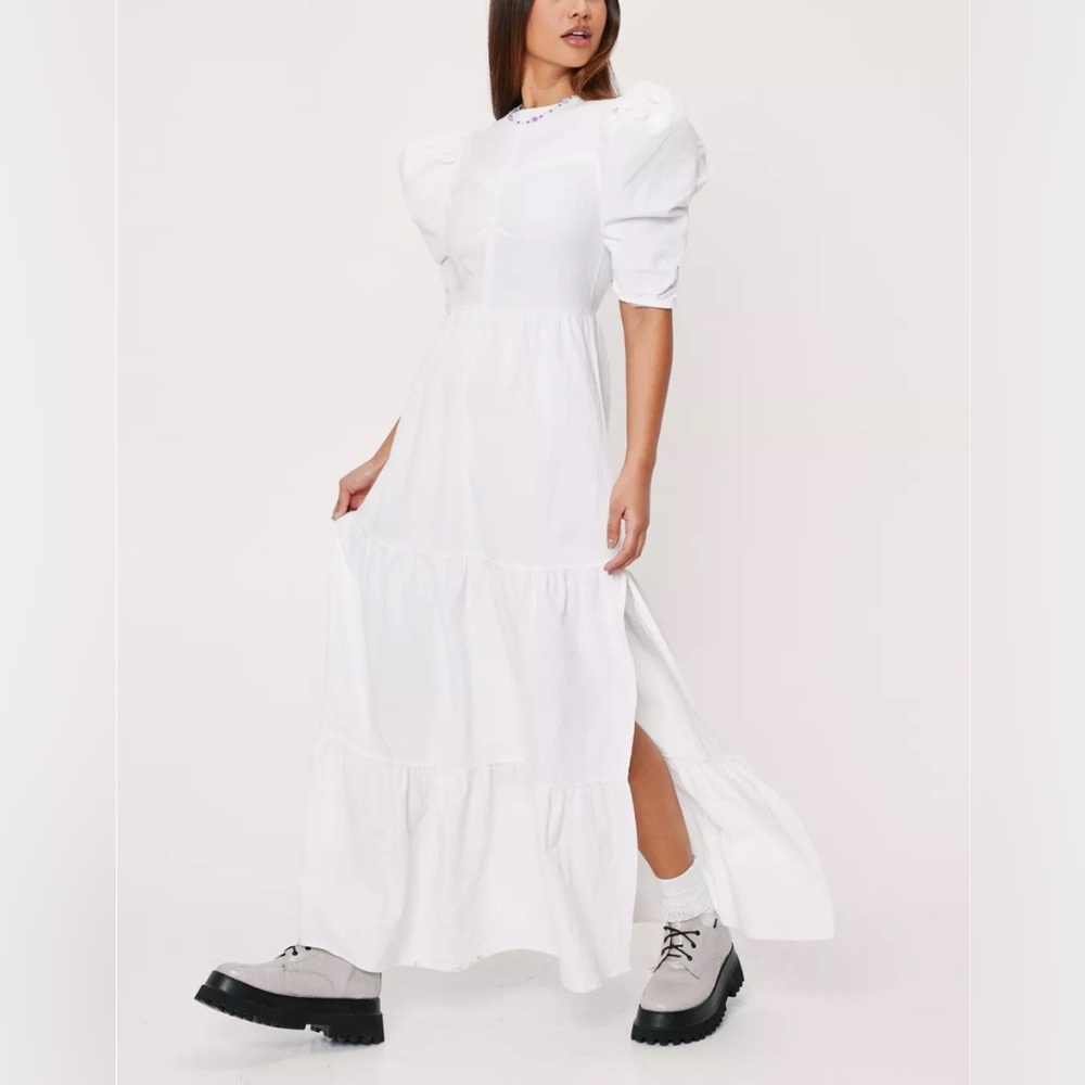 Nasty Gal White Cotton Puff Sleeve Tiered Maxi Dress w/slit beachy Boho Size 6